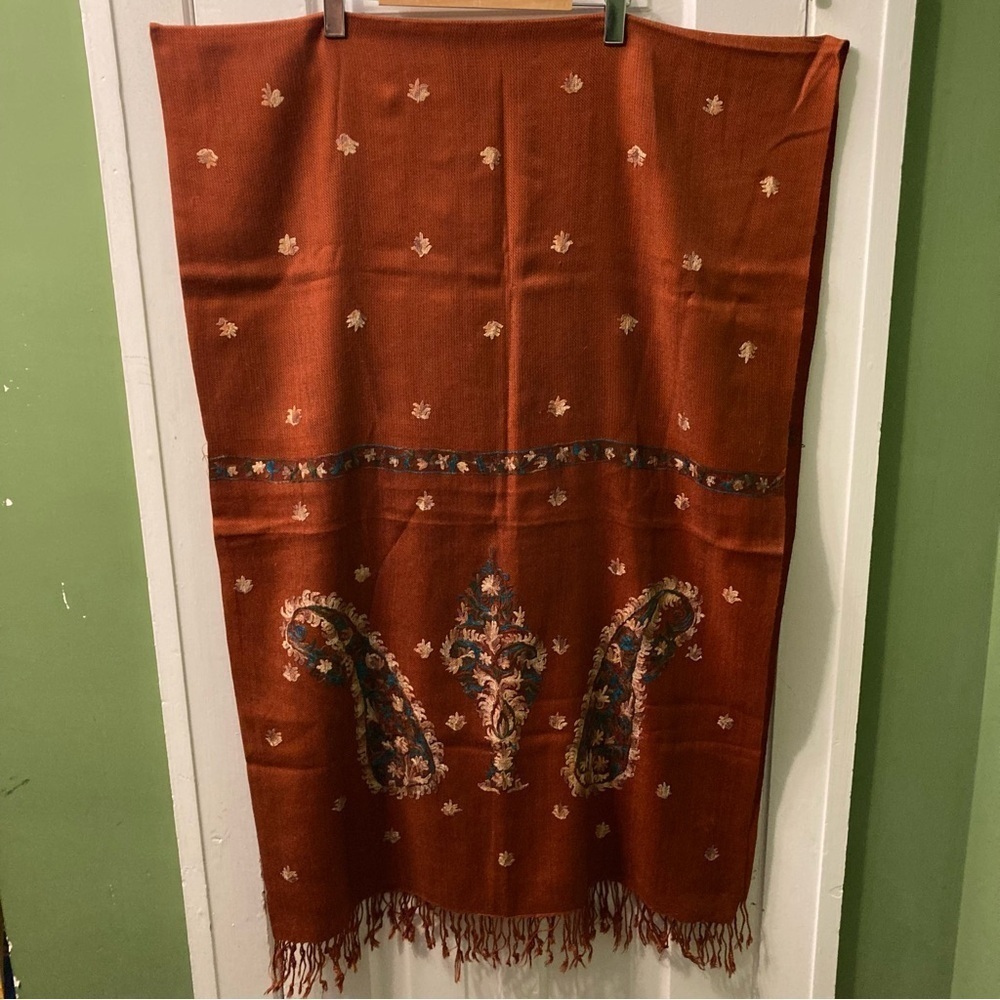 Elegant Rust Embroidered Shawl with Fringe